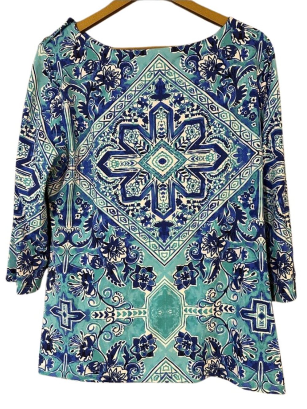 Blue Teal Geometric Floral Top Women’s Medium Lightweight Blouse 3/4 Sleeve